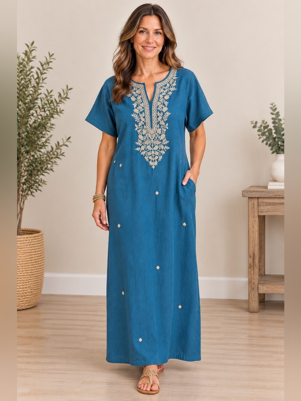 Gypsy Rose Stitch Crafts Embroidered Caftan Dress Size 36 Blue Boho Maxi A36